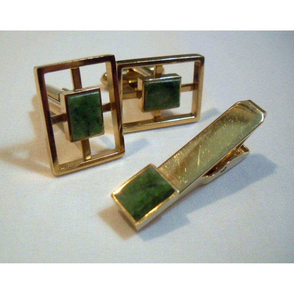 Lamode Karatclad Marbled Jade Square Stone Cufflinks Tie Clip Gold Tone Frame
